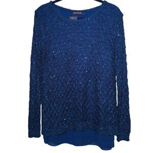 John Fashion Blue Sequin Knit Sweater with Chiffon Hem Detail Size Medium NEW